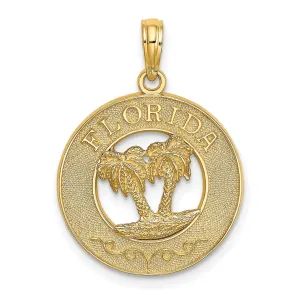 14K Yellow Gold Polished Textured Finish FLORIDA Double Palm Tree in Circle Design Charm Pendant