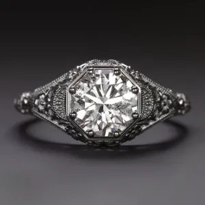 1.5ct NATURAL DIAMOND SOLITAIRE RING VINTAGE STYLE 14k WHITE GOLD BLACK RHODIUM