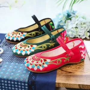 Canvas embroidered cloth shoes women's shoes single shoe one-line buckle low heel