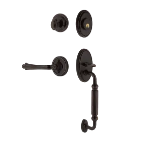 Classic Handleset with F-Grip and Classic Rosette with Fleur Lever in Timeless Bronze