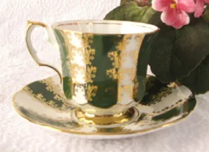 Cup And Saucer Gold Overlay Green Bands Elizabethan England 1960s