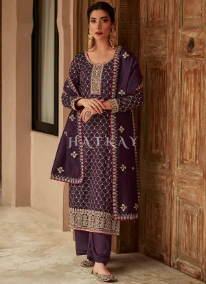 Dark Purple Embroidery Traditional Silk Salwar Kameez