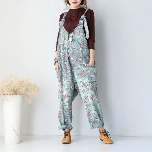 Oversized Denim Floral Print Overall