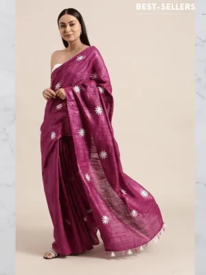 Purple Embroidered Ghiccha Silk Saree