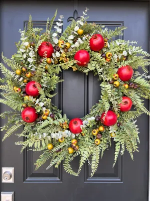 Red Pomegranate Wreath for Fall with Life-Size Fruit