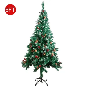 relaxed 6ft Snow Flocked Hinged PVC Artificial Christmas Tree w/Pine Cones & Red Berries, Metal Stand 6' 6'