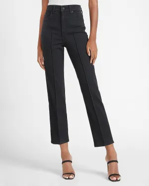 Super High Waisted Black Seamed Straight Jeans in Pitch Black