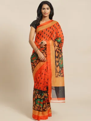 SVB Saree Orange And Black Flower Print Saree