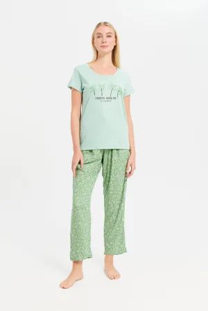 Women Mint And Green Printed Pajama Set (2 Piece)