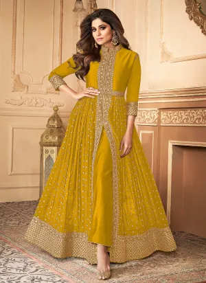 Yellow Golden Slit Style Pants Suit