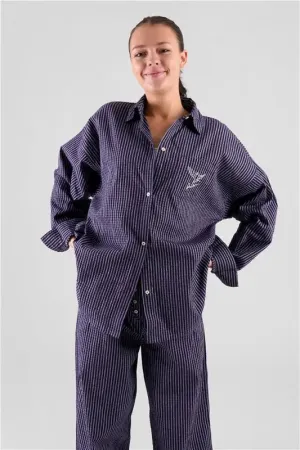 Yew Striped Ethical-Cotton Pyjama Shirt - Indigo Blue