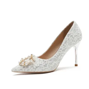 مجموعة اروين arwen &ajh group Women Luxury Sexy Lace Fabric Pumps Stiletto Pearls Pointed Toe Wedding Party Dress Shoes For Formal Party