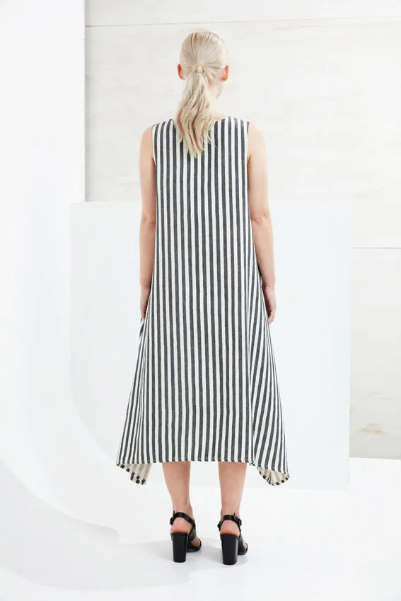 • PRE~LOVED • LATITUDE LONGITUDE DRESS [ Linen, Wrap, Cream & Black Striped, Size S/M ]