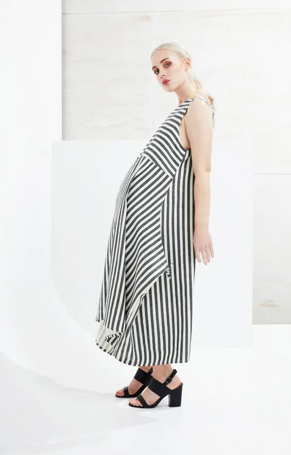 • PRE~LOVED • LATITUDE LONGITUDE DRESS [ Linen, Wrap, Cream & Black Striped, Size S/M ]