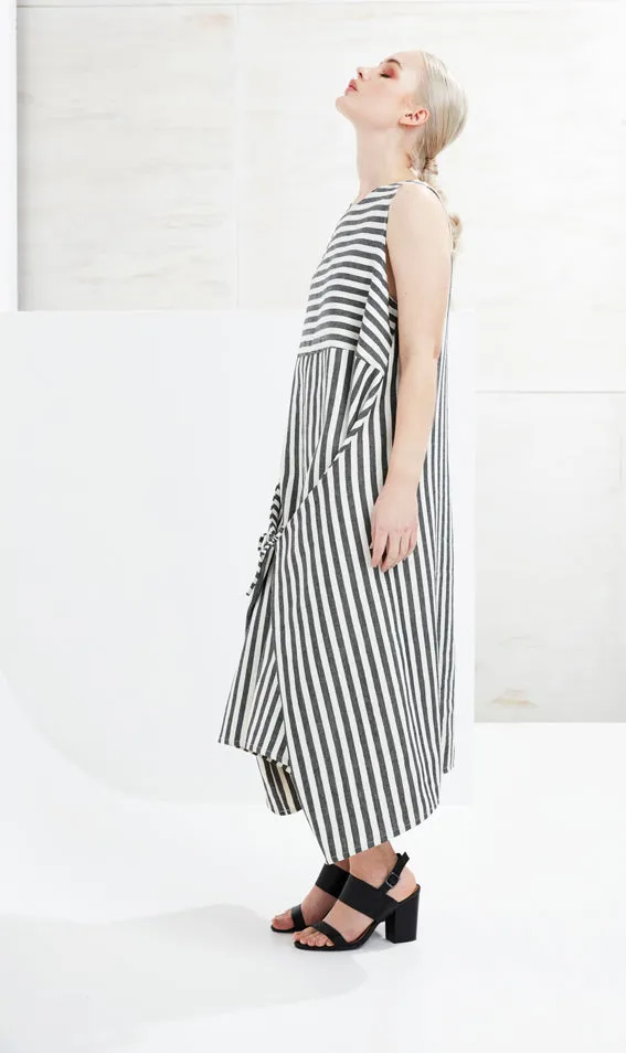 • PRE~LOVED • LATITUDE LONGITUDE DRESS [ Linen, Wrap, Cream & Black Striped, Size S/M ]