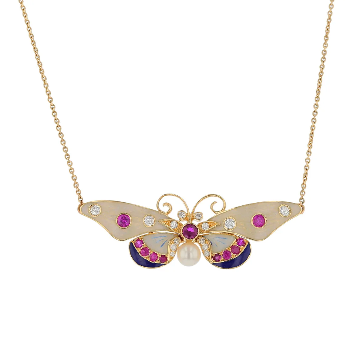 0.24Ct Diamond and 0.28Ct Ruby and Enamel Moth Necklace in 18k Yellow Gold, 15in