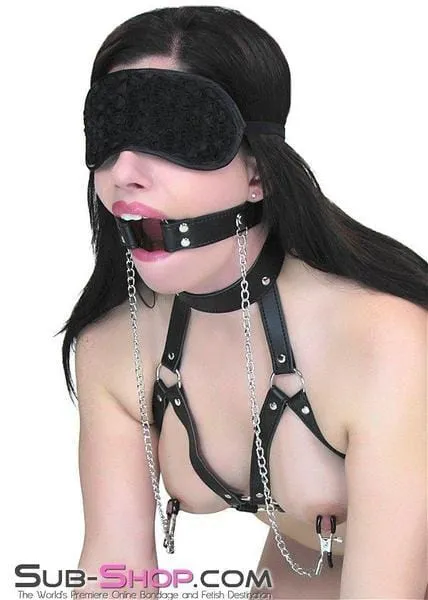 0344RS      Bondage Bra and Ring Gag with Nipple Clamps Set