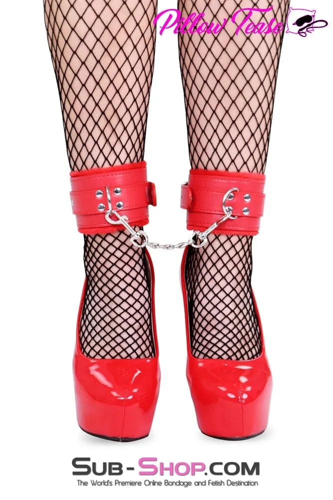 0832DL      Red Fur Lined Ankle Bondage Cuffs with Chain