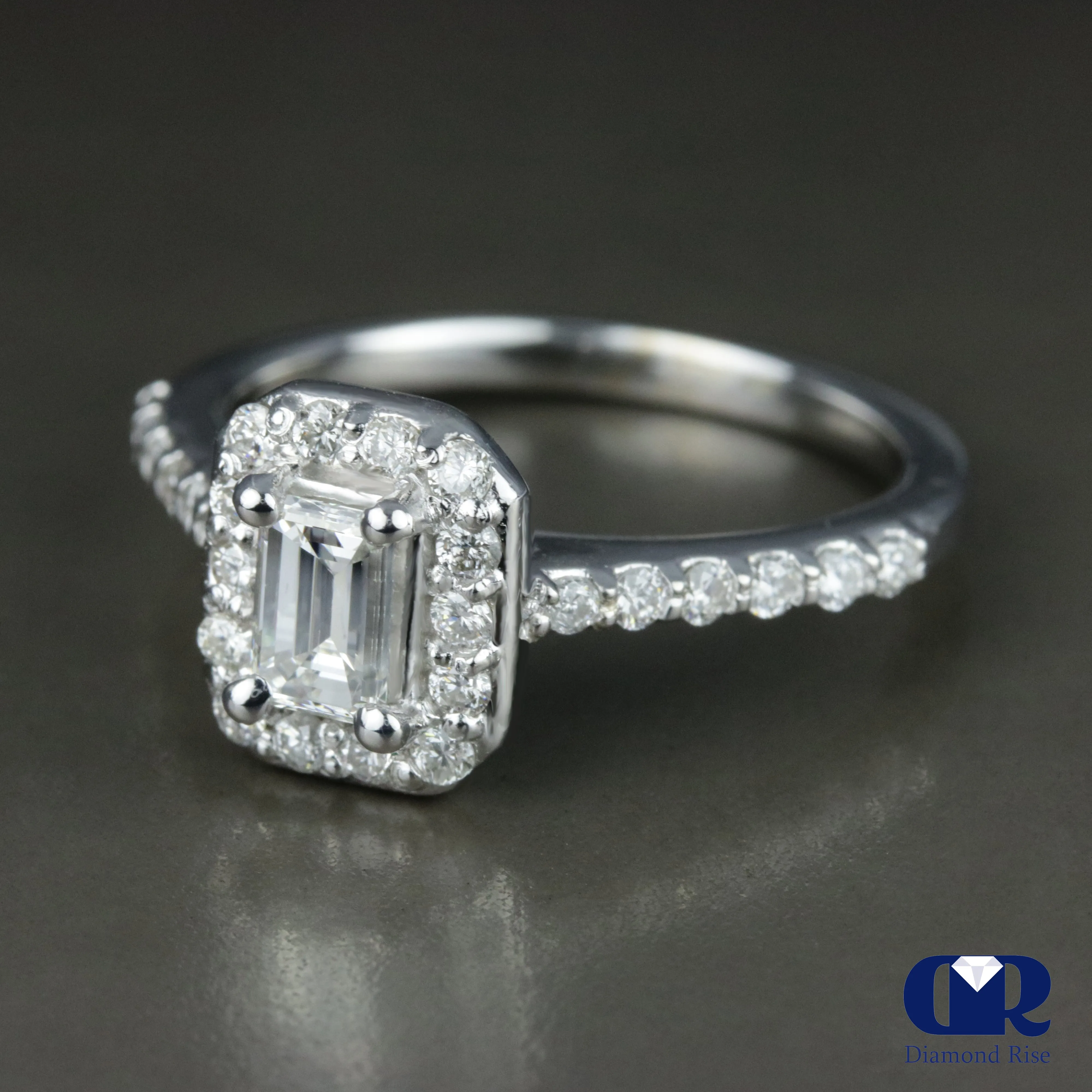 0.85 Carat Emerald Cut Diamond Halo Engagement Ring In 14K White Gold