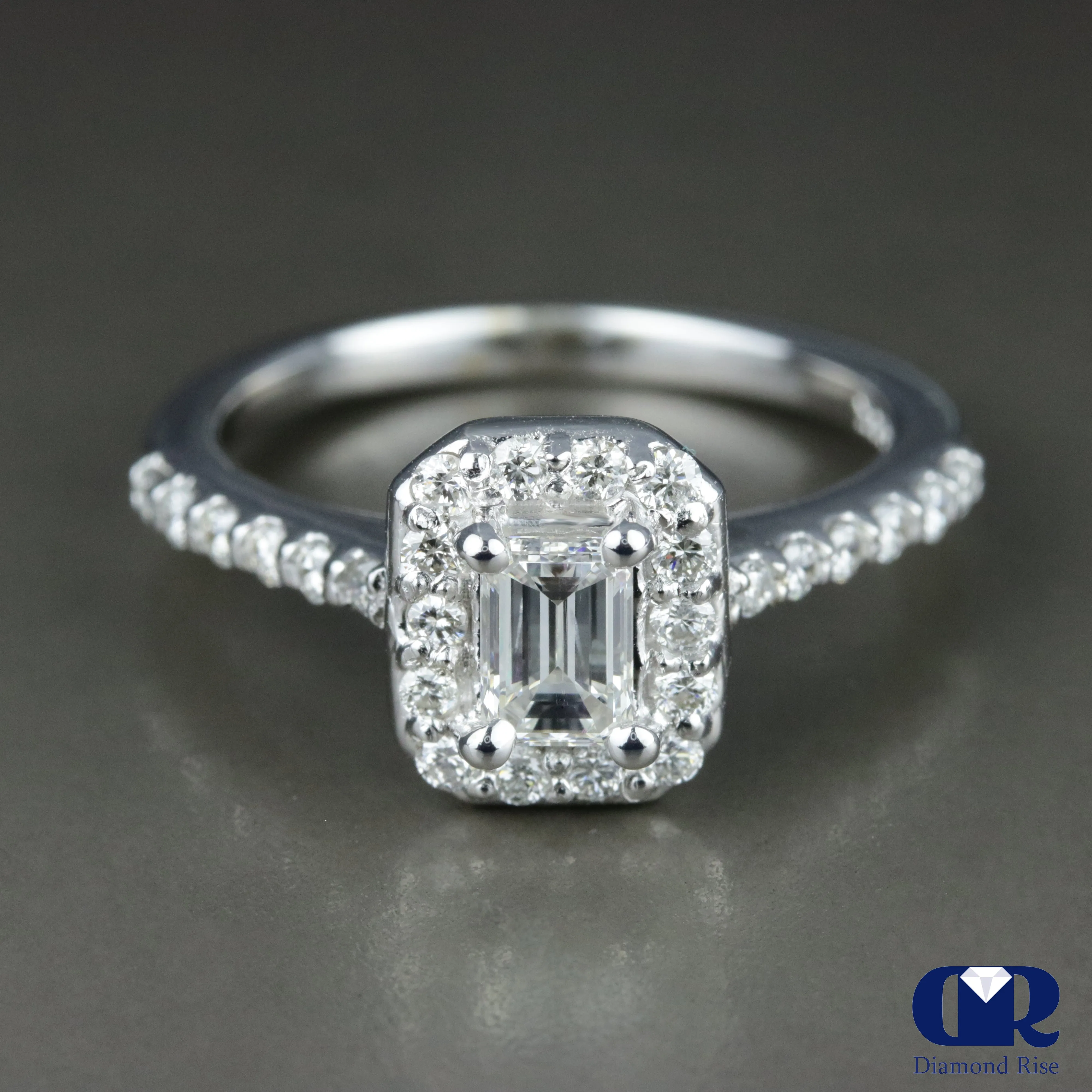 0.85 Carat Emerald Cut Diamond Halo Engagement Ring In 14K White Gold