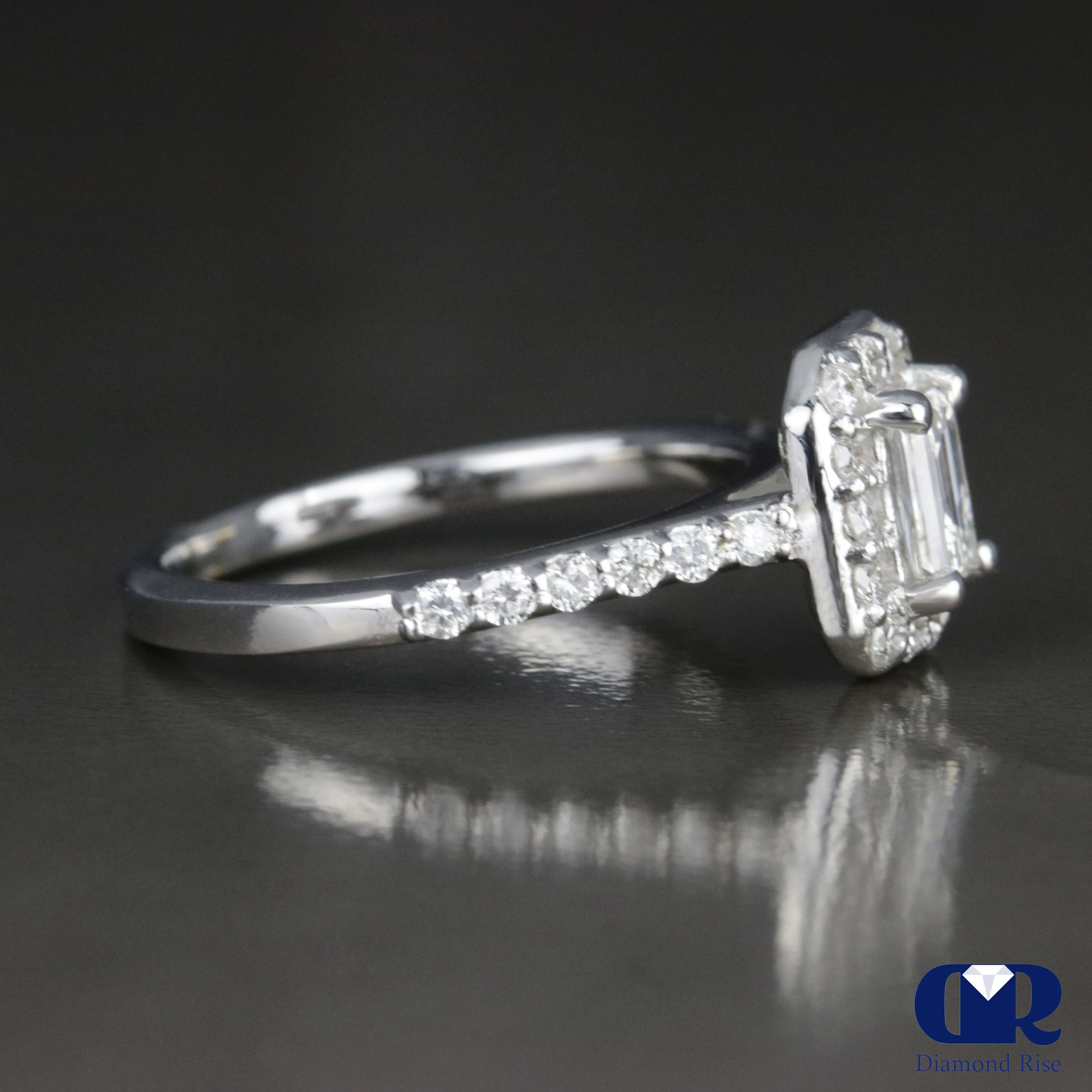 0.85 Carat Emerald Cut Diamond Halo Engagement Ring In 14K White Gold