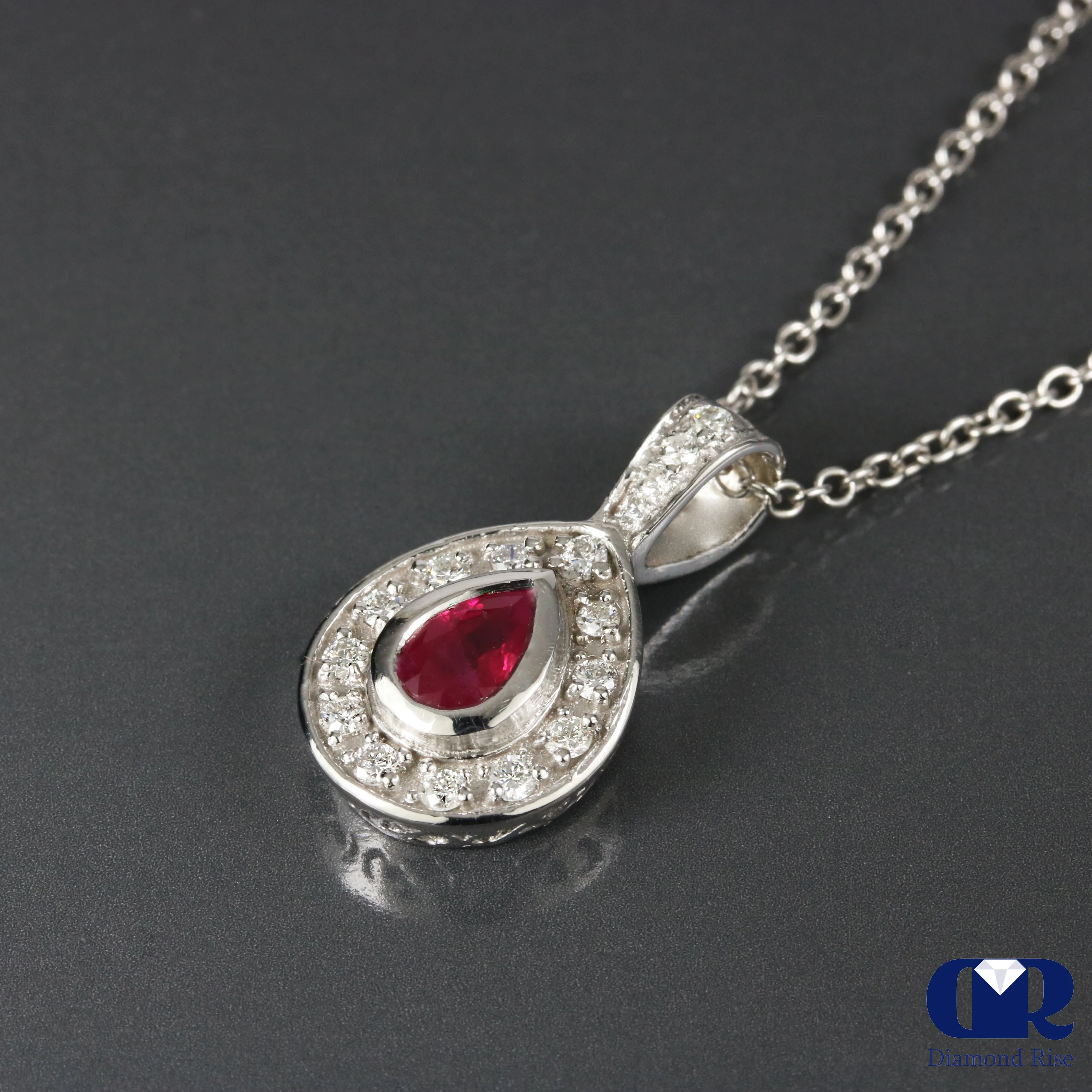 0.96 Carat Ruby & Diamond Pendant Necklace 14K White Gold W/Chain