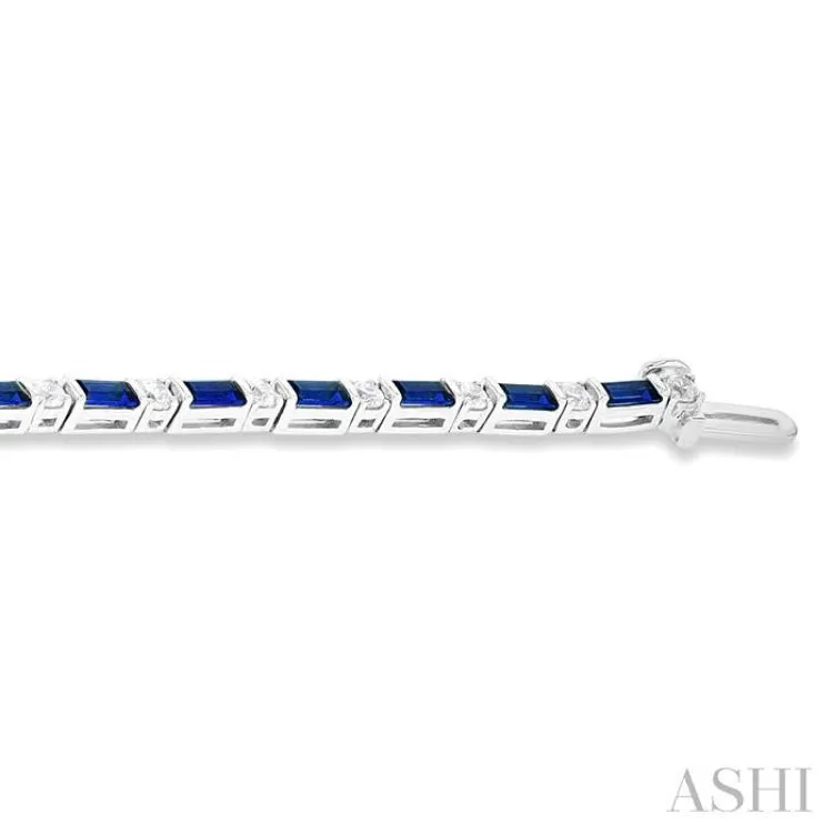 1 1/10 ctw Art Deco 4X2MM Baguette Cut Sapphire and Round Cut Diamond Precious Tennis Bracelet in 14K White Gold