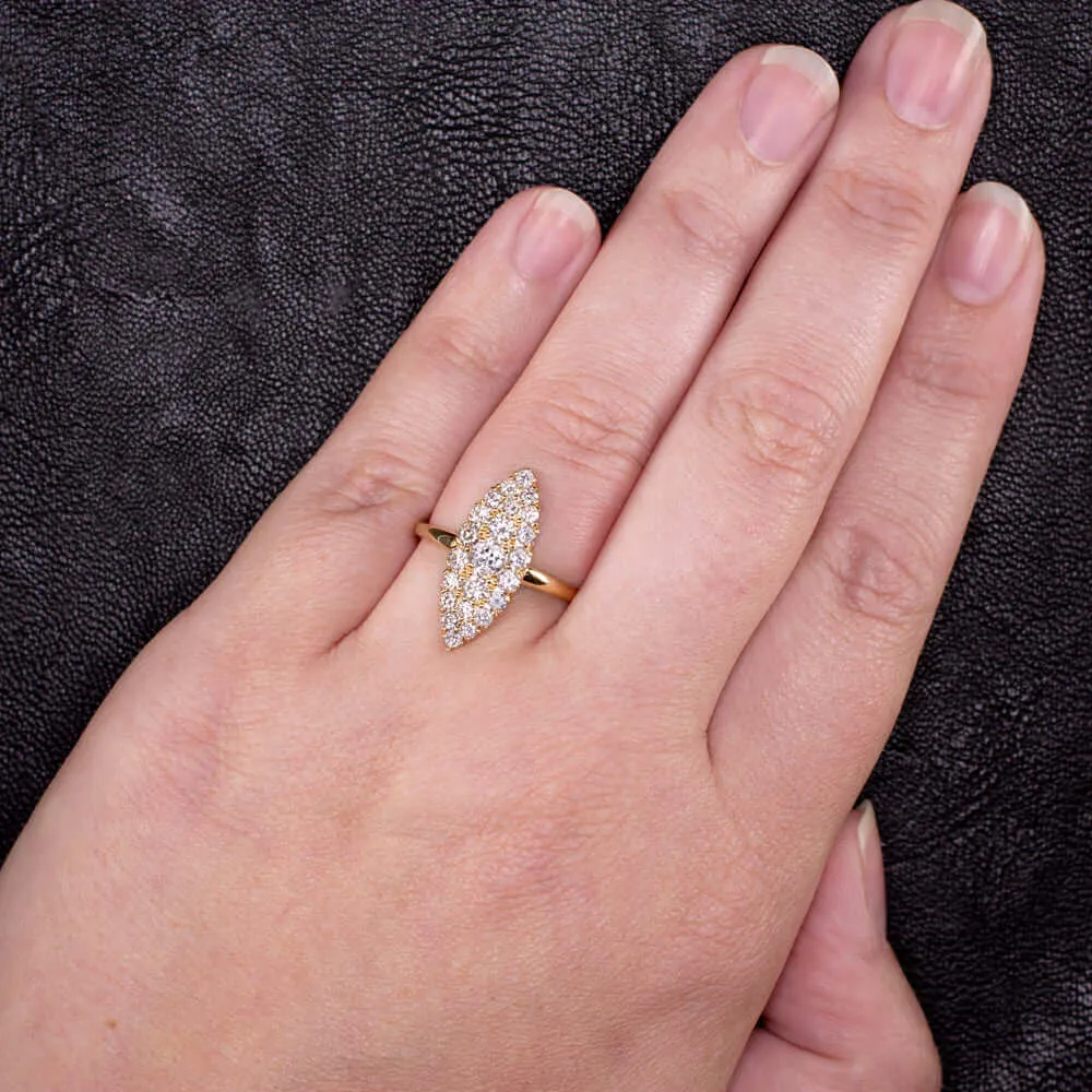 1 CARAT DIAMOND NAVETTE RING 20mm MARQUISE VINTAGE STYLE ENGAGEMENT YELLOW GOLD