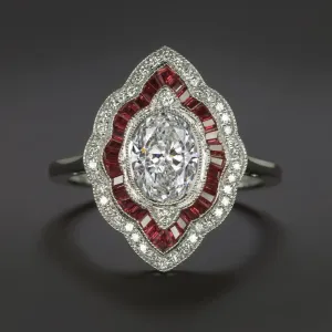 1 CARAT DIAMOND RUBY COCKTAIL RING GIA CERTIFIED H SI2 VINTAGE STYLE HALO OVAL