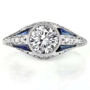 1 CARAT E SI DIAMOND SAPPHIRE ENGAGEMENT RING VINTAGE STYLE ART DECO BEZEL ROUND