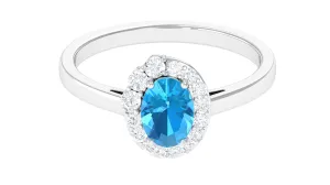 1 CT Classic Swiss Blue Topaz Cocktail Ring with Diamond Halo