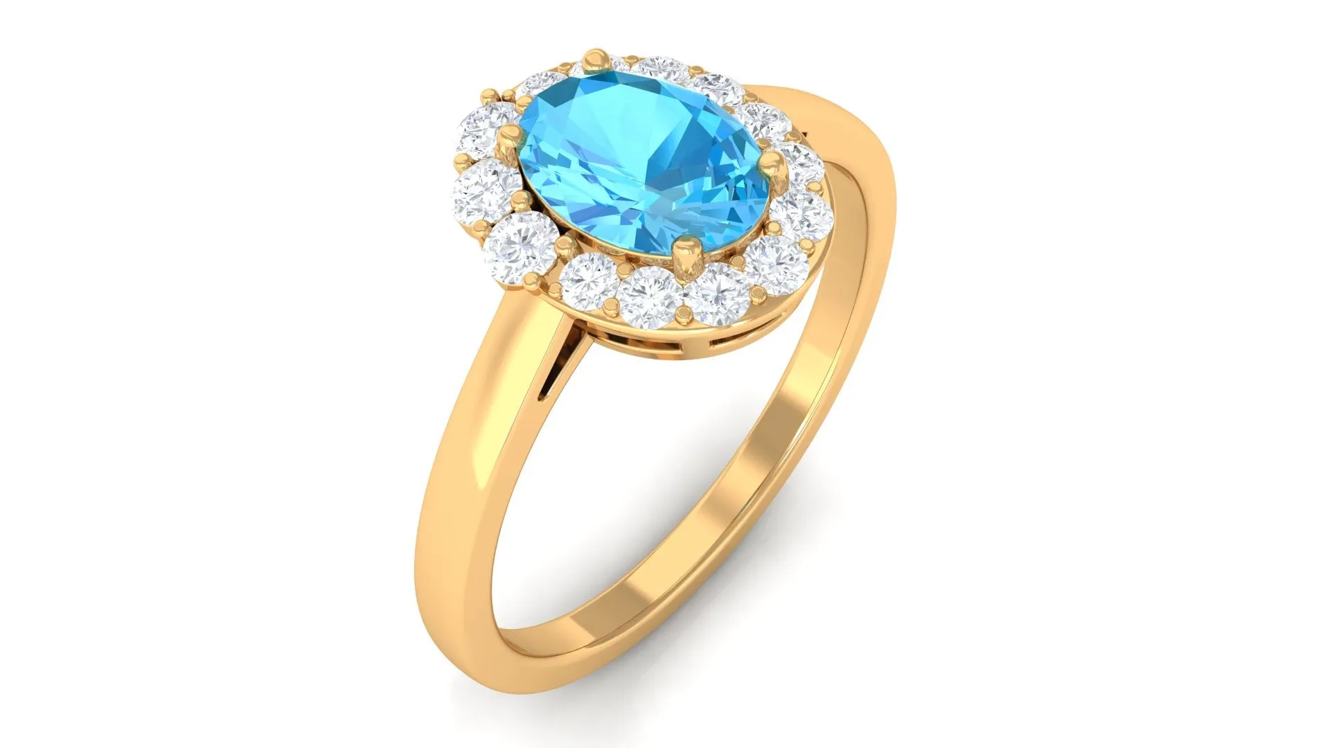 1 CT Classic Swiss Blue Topaz Cocktail Ring with Diamond Halo