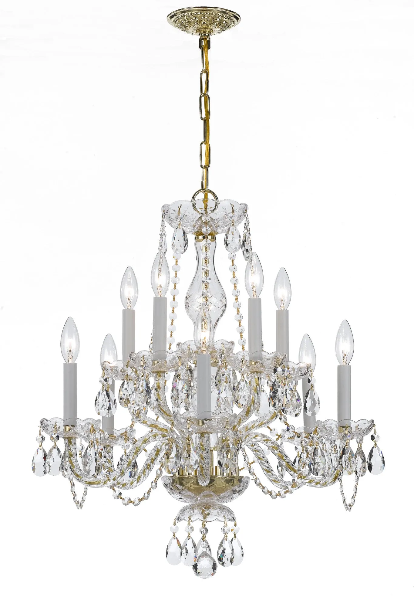 10 Light Polished Brass Crystal Chandelier Draped In Clear Swarovski Strass Crystal - C193-5080-PB-CL-S