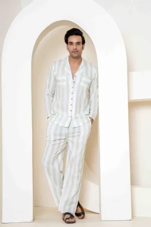 100% Cambric Cotton Sage Stripes Men's Sleepwear