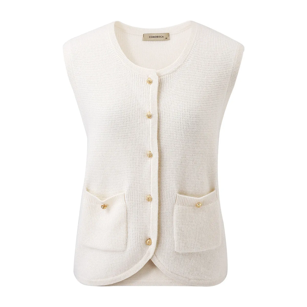 100% Cashmere Knit Vest with Button-Up Front and Pockets