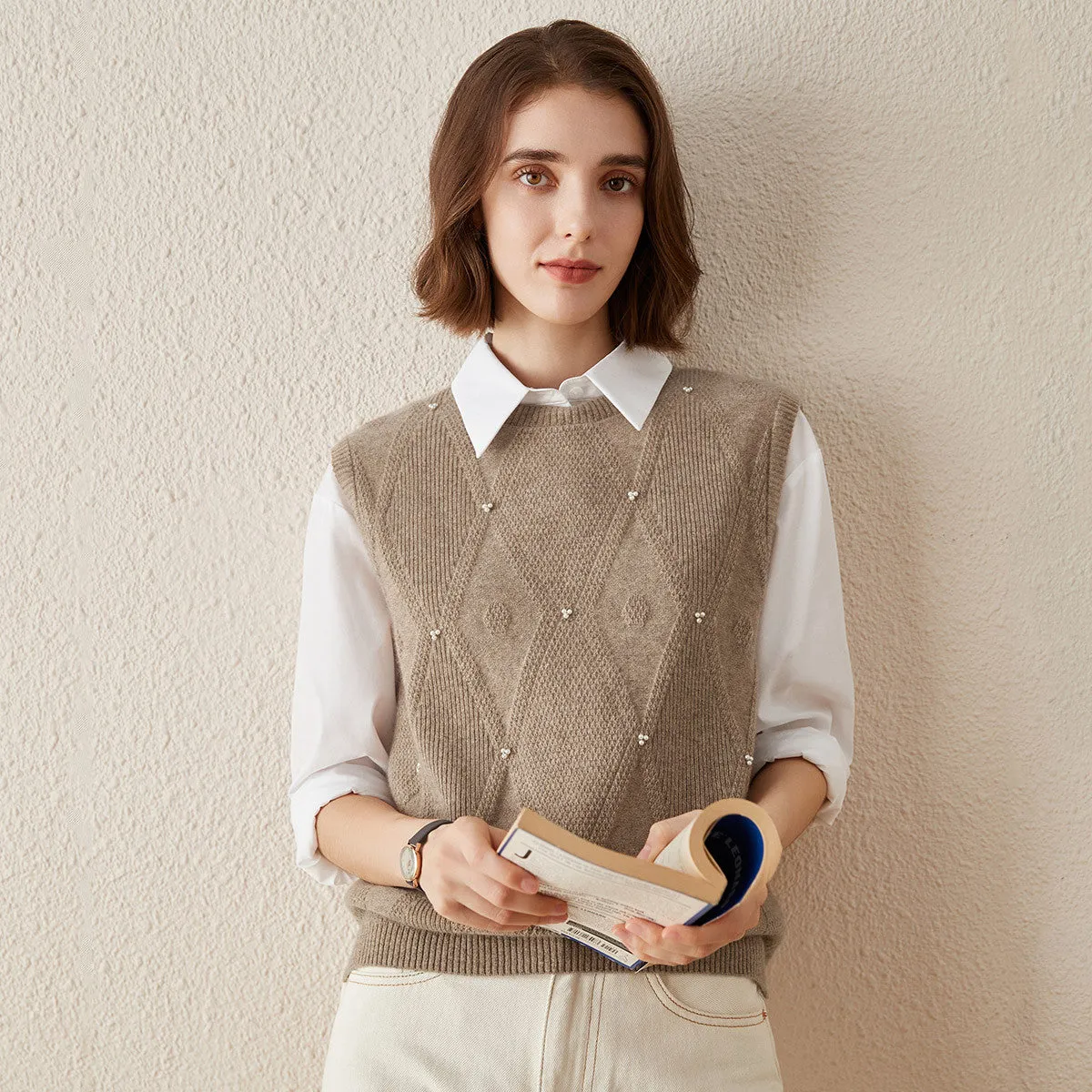 100% Cashmere Pearl-Embellished Knit Vest