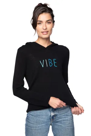 100% Cashmere Sweater Hoodie Black in Vibe Stitched Embroidery