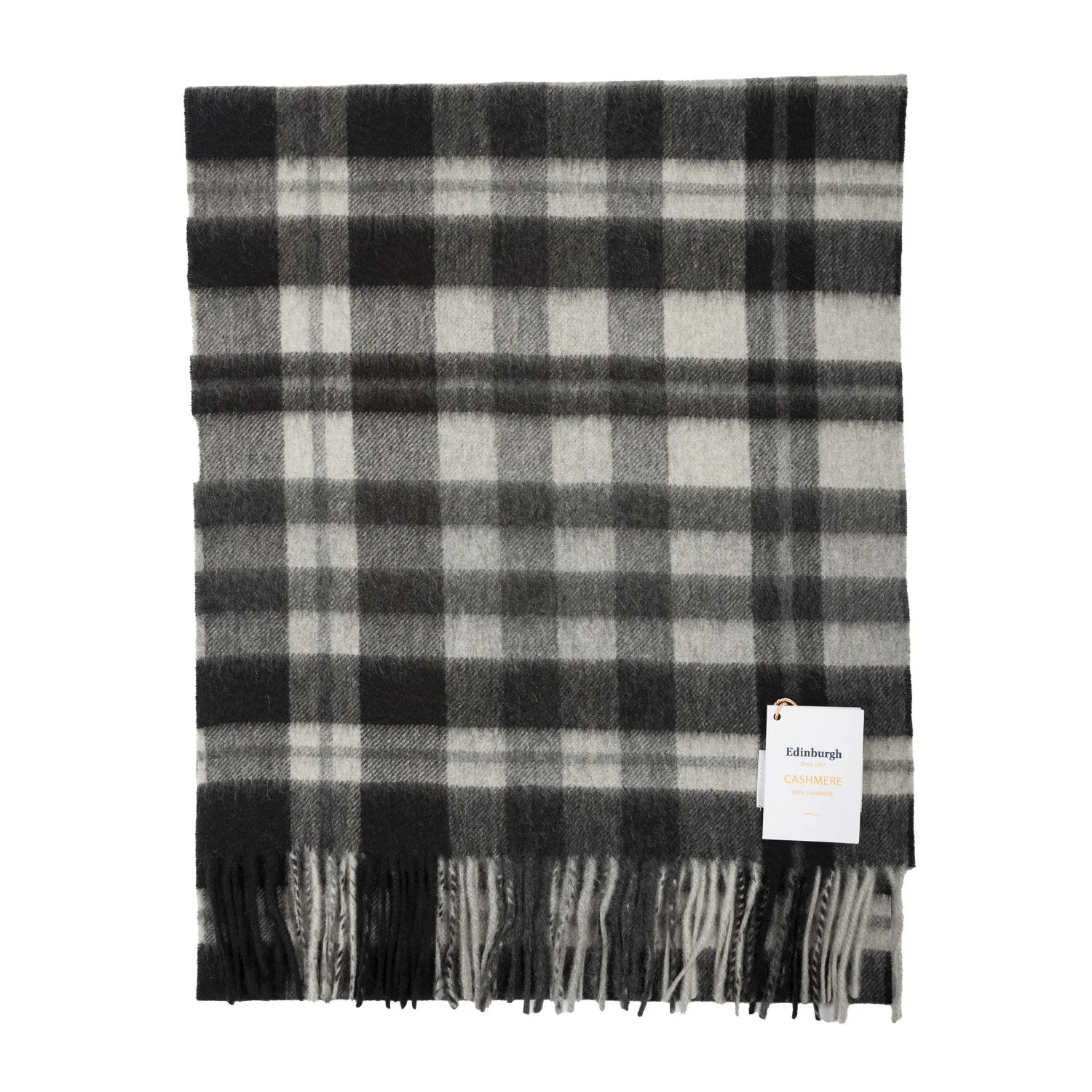 100% Cashmere Wide Tartan Scarf Mile Check - Monochrome