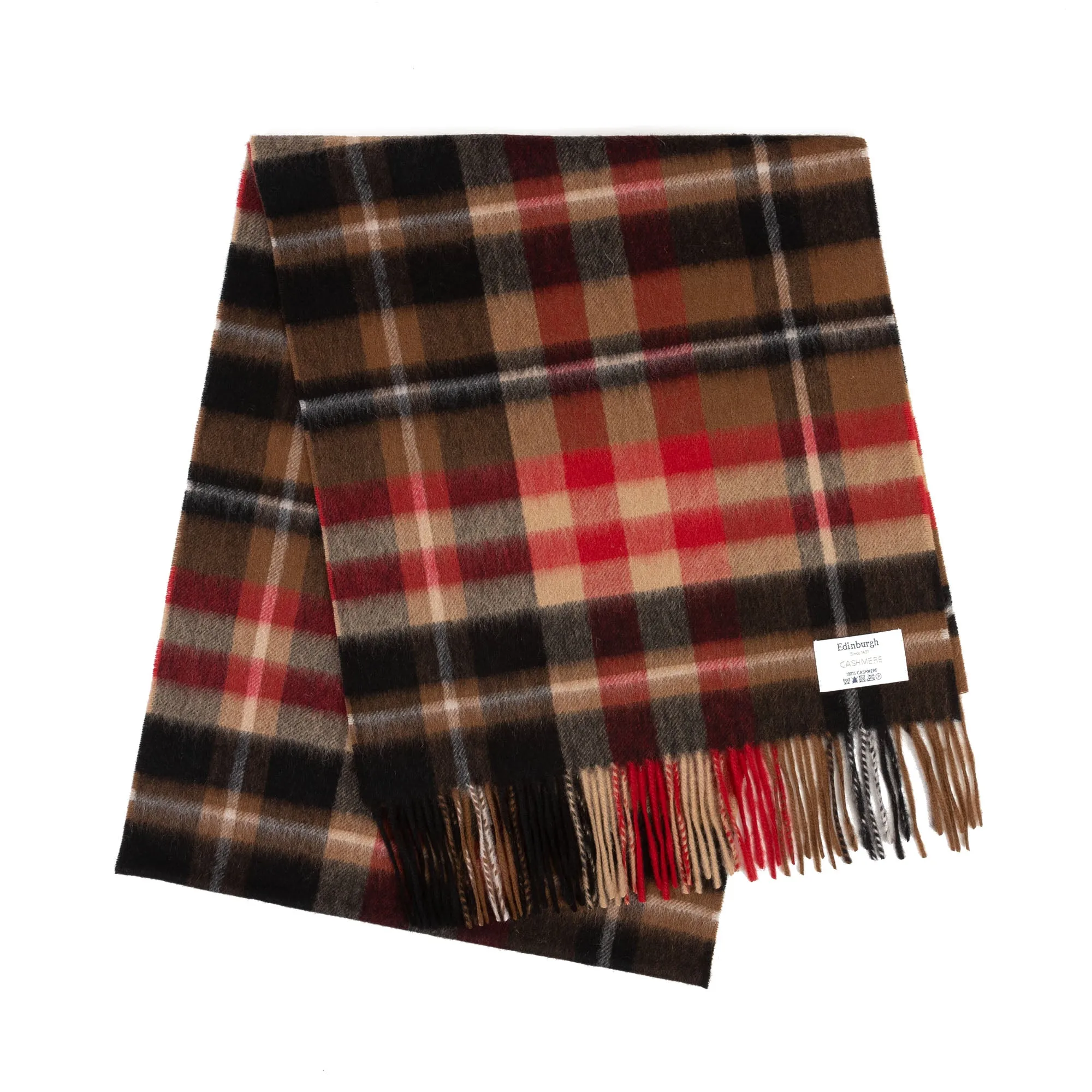 100% Cashmere Wide Tartan Scarf Mile Check - Vicuna/Camel/Bordeaux