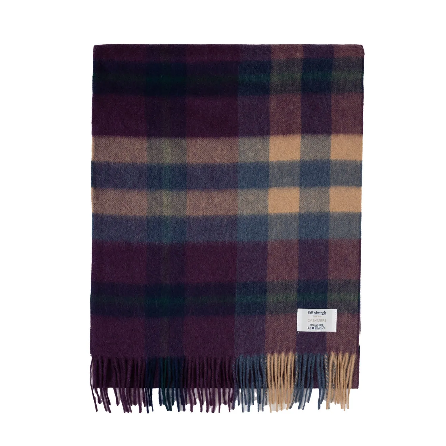 100% Cashmere Wide Tartan Scarf Scots Check – Eminence/Camel