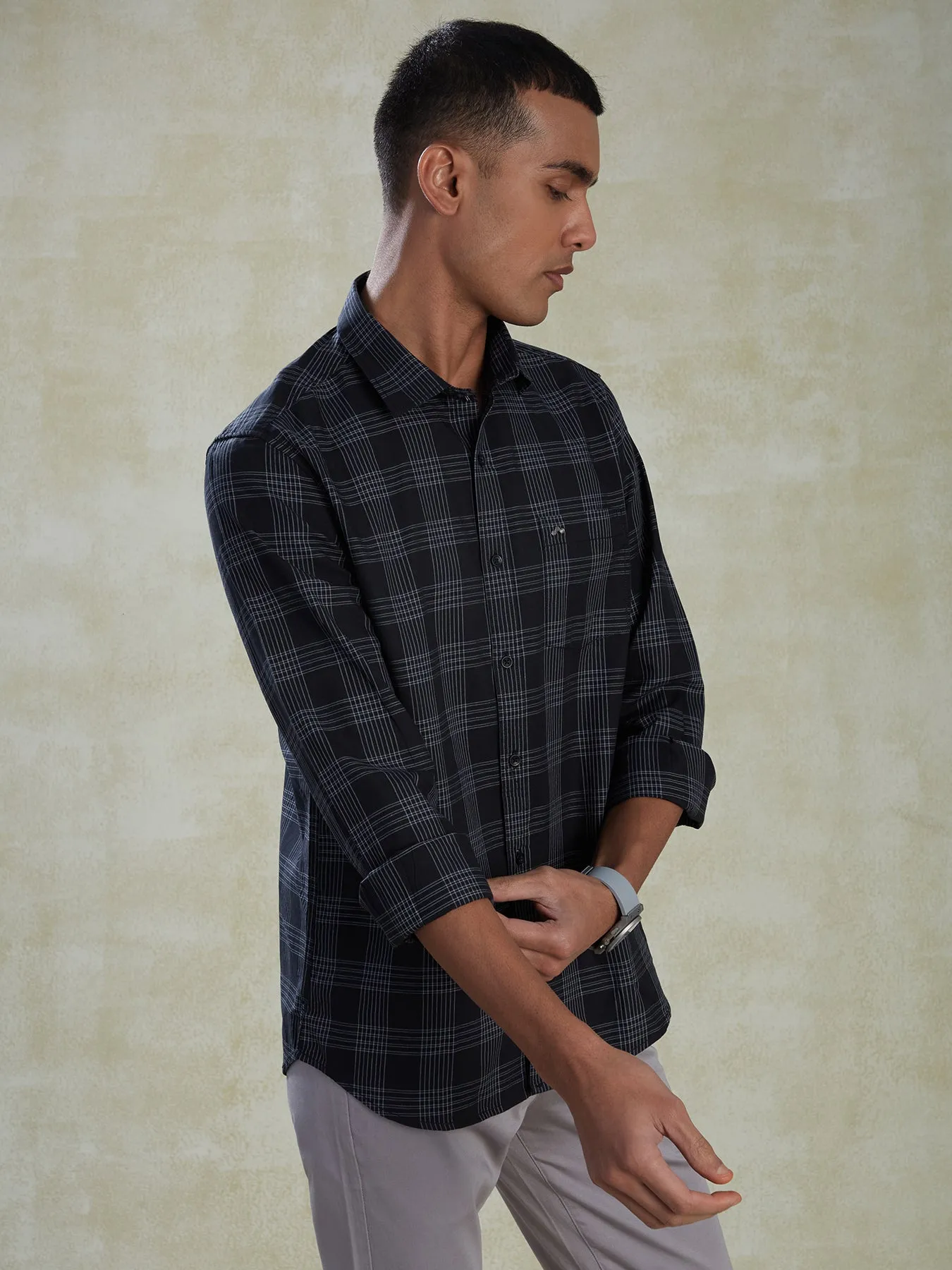 100% Cotton Black Checkered Slim Fit Full Sleeve Casual Shirt