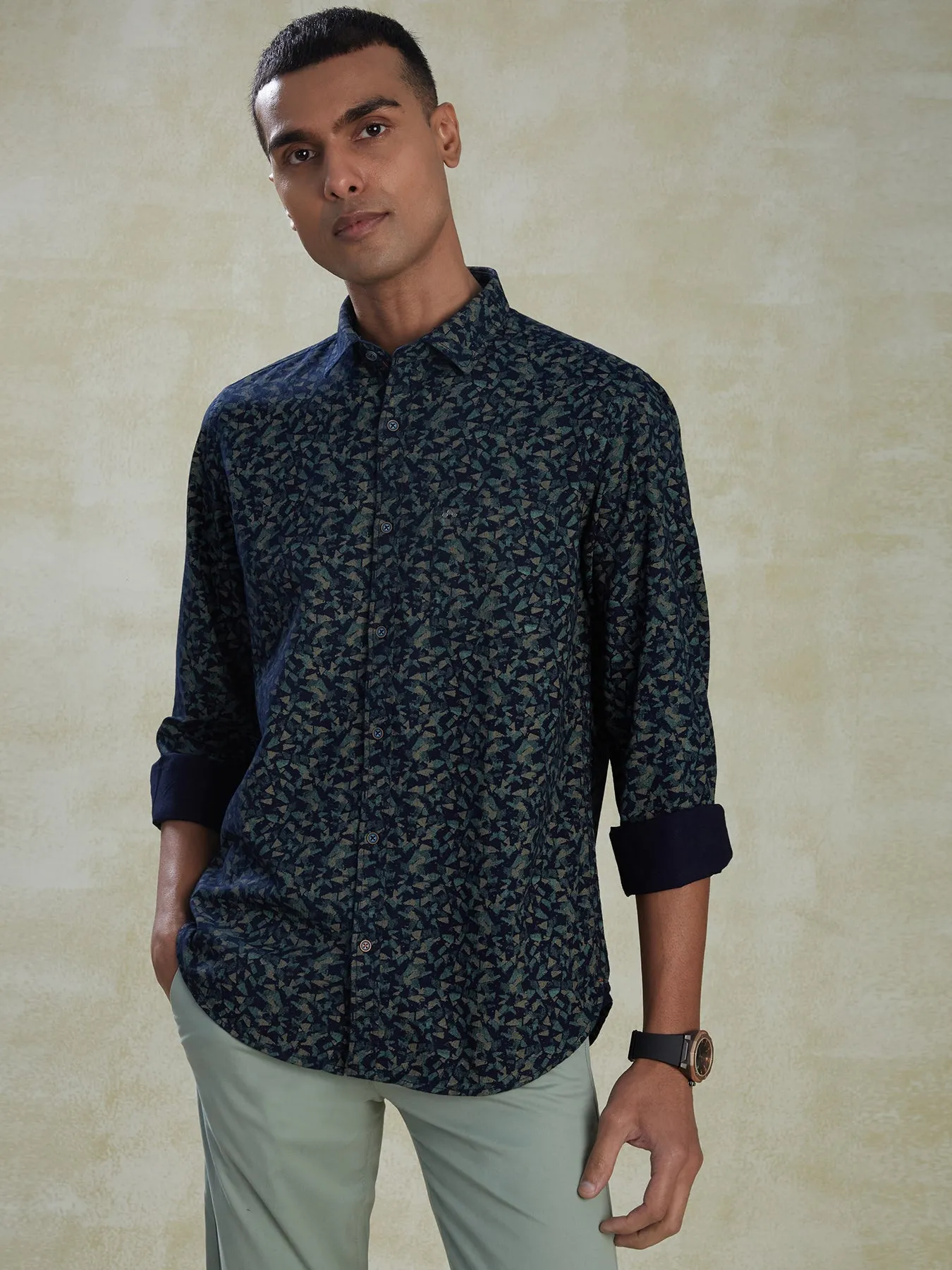 100% Cotton Indigo Navy Blue Slim Fit Full Sleeve Casual Mens Printed Shirt