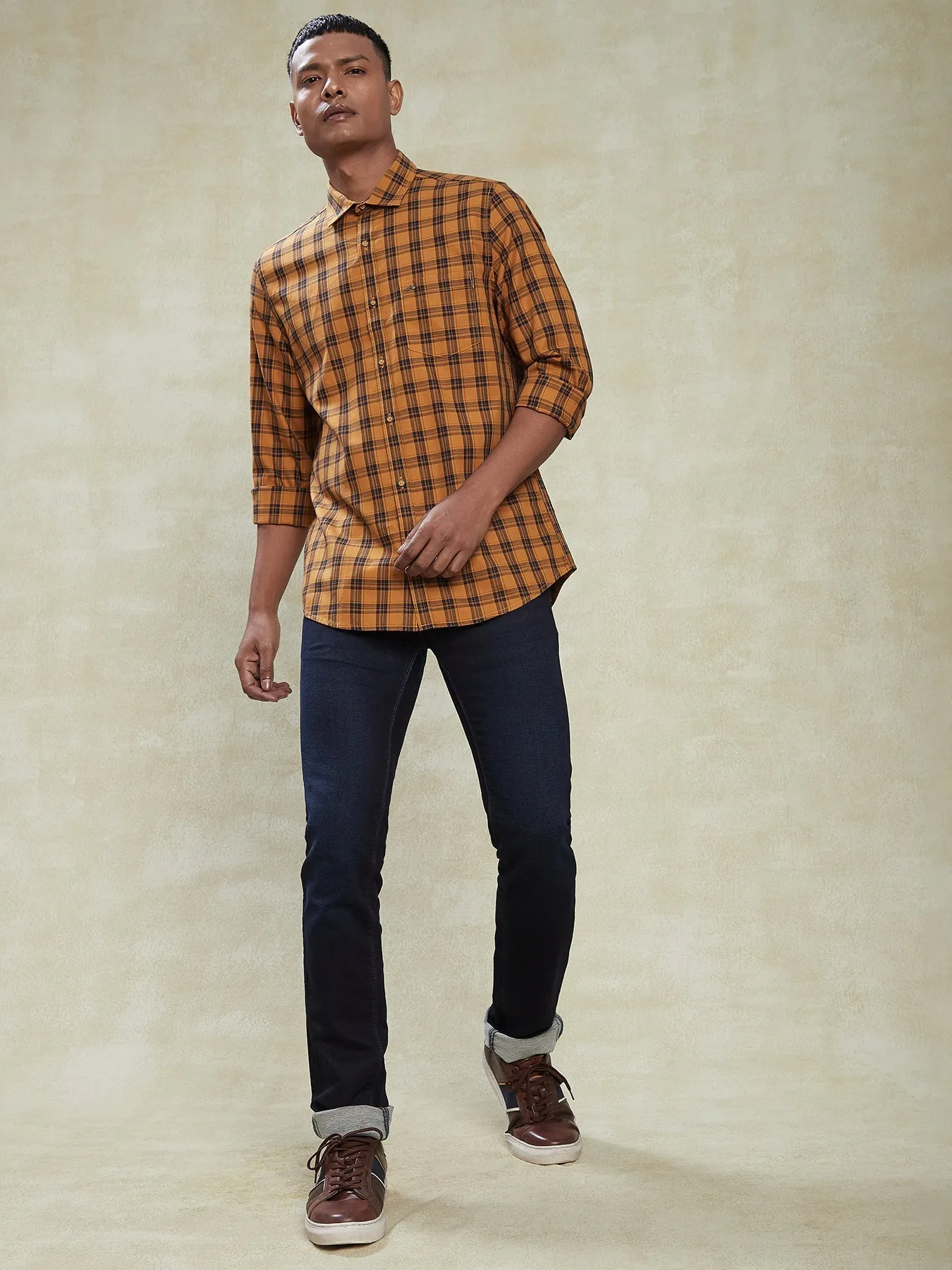 100% Cotton Mustard Yellow SLIM FIT Full Sleeve Casual Mens Checkered Shirts