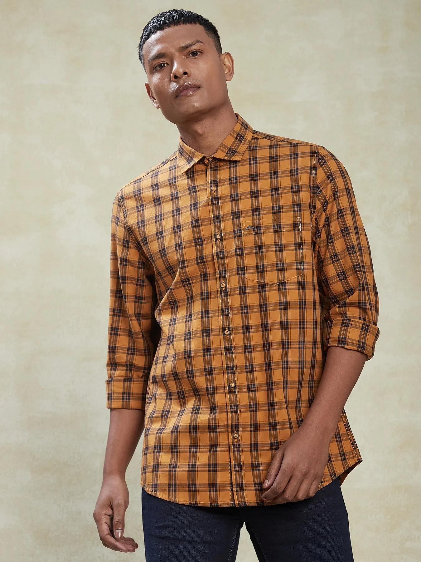 100% Cotton Mustard Yellow SLIM FIT Full Sleeve Casual Mens Checkered Shirts