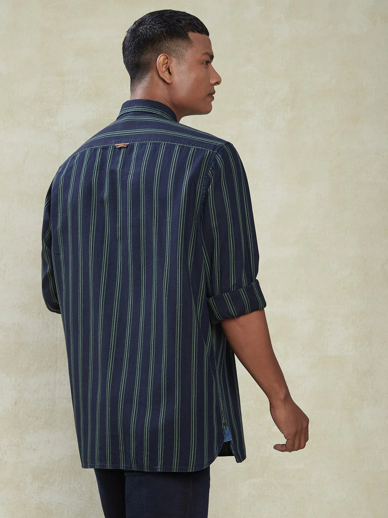 100% Cotton Navy Blue SLIM FIT Full Sleeve Striped Casual Mens Shirts