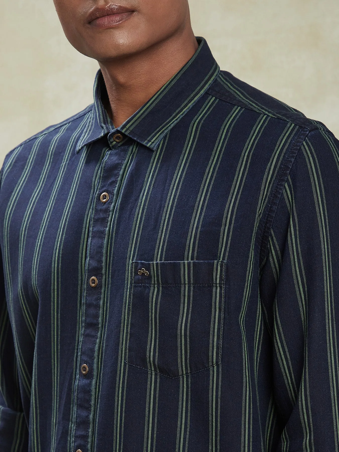 100% Cotton Navy Blue SLIM FIT Full Sleeve Striped Casual Mens Shirts