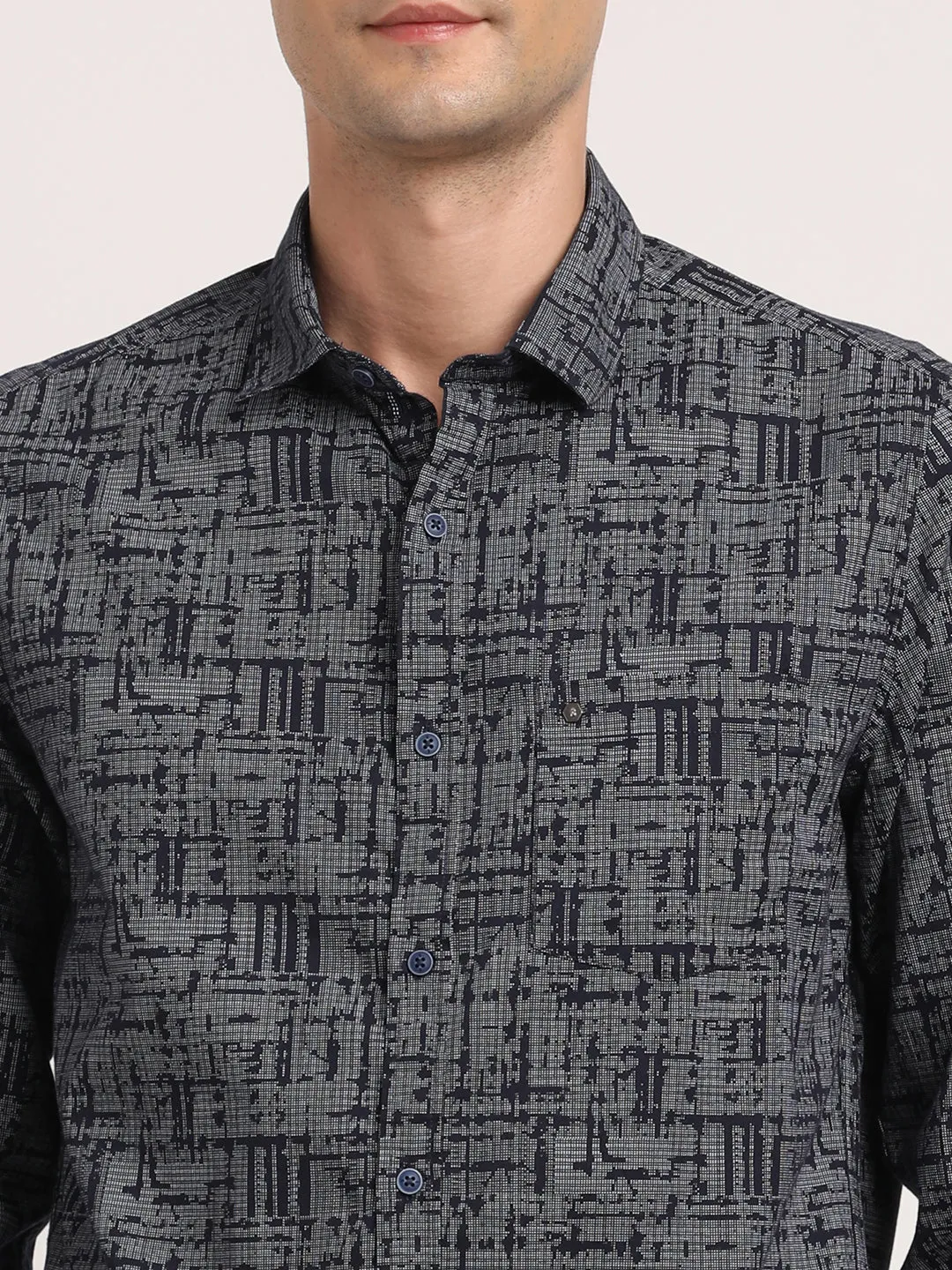 100% Cotton Navy Printed Slim Fit Full Sleeve Casual Shirt