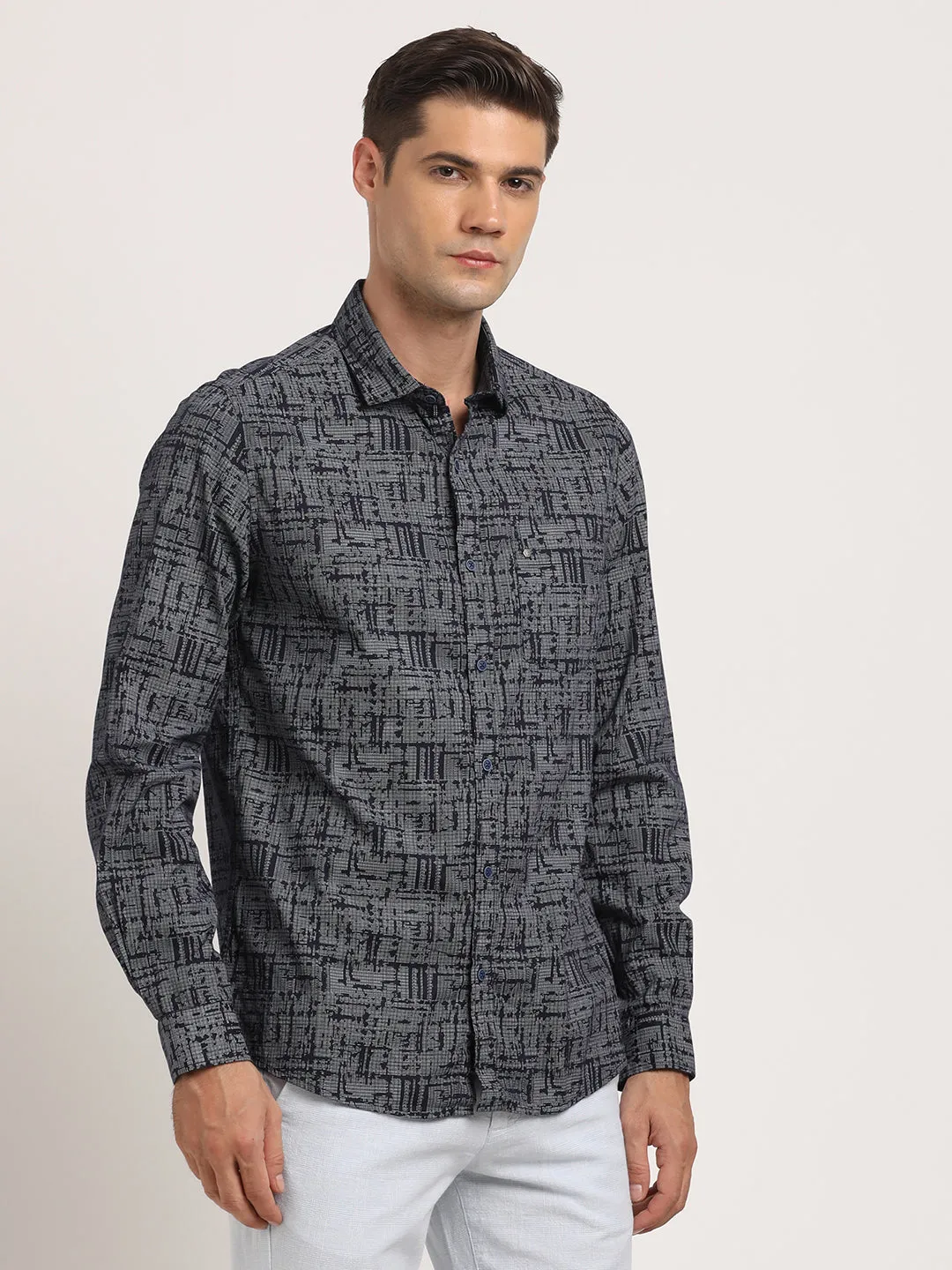 100% Cotton Navy Printed Slim Fit Full Sleeve Casual Shirt