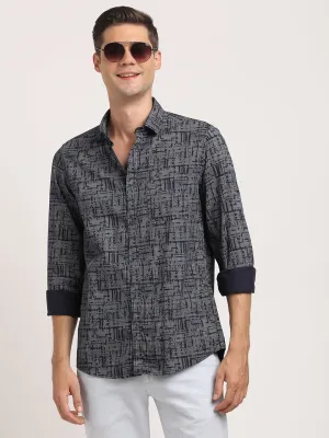 100% Cotton Navy Printed Slim Fit Full Sleeve Casual Shirt