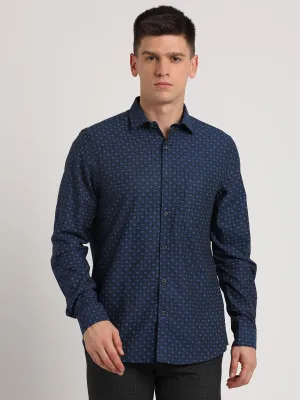 100% Cotton Navy Printed Slim Fit Full Sleeve Ceremonial Shirt